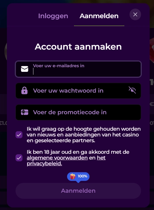 Playzini Casino registratieformulier voor het aanmaken van een nieuw account