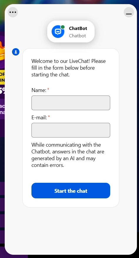 Playzini Casino livechat formulier met naam en e-mail voor klantenservice