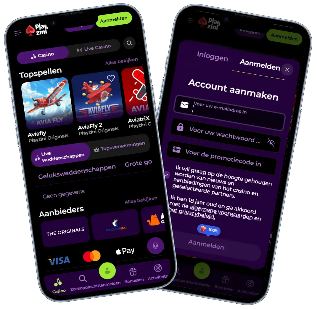 Playzini Casino mobiele weergave met lobby, topspellen, betaalmethoden en registratieformulier