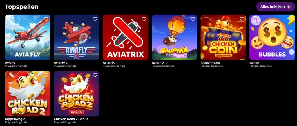 Playzini Casino topspellen lobby met populaire slots en originele games